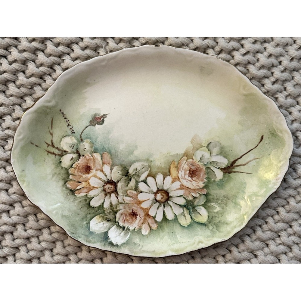 VTG Porcelain Platter Floral Cottagecore Painted 8" Green